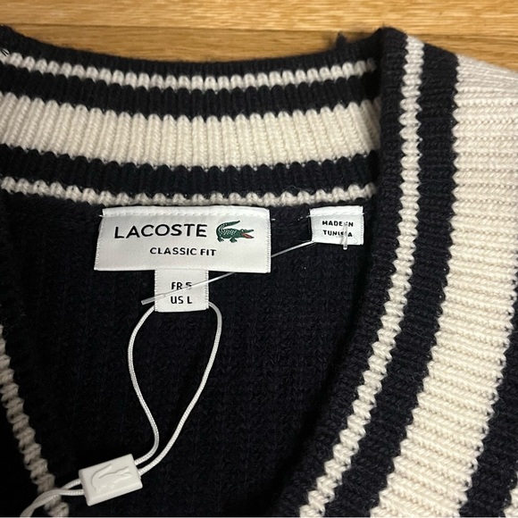 Lacoste NWT 100% Wool Holiday Comic Badge Striped V-Neck Sweater 5 Large - Picture 7 of 13